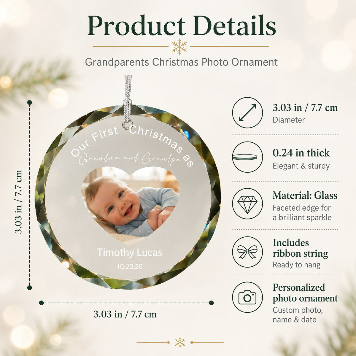 Personalized First Christmas as Grandma & Grandpa Photo Ornament main product view