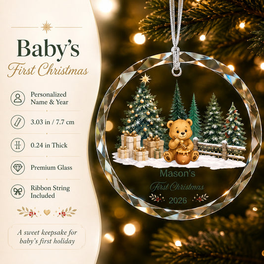 Personalized Teddy Bear First Christmas Glass Ornament main product view