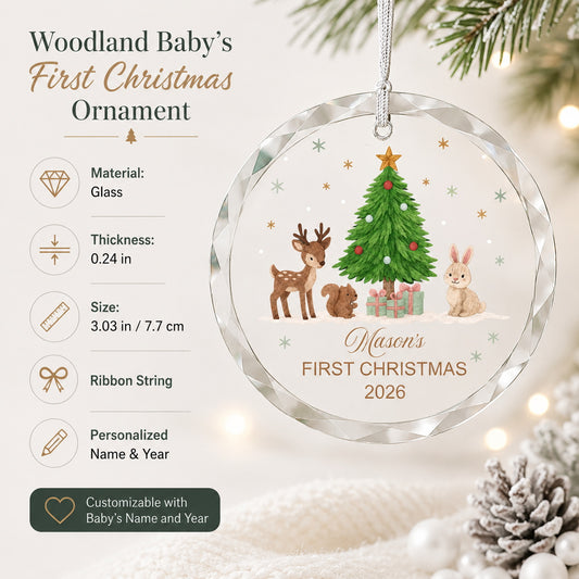 Personalized Mason's First Christmas Woodland Glass Ornament main product view