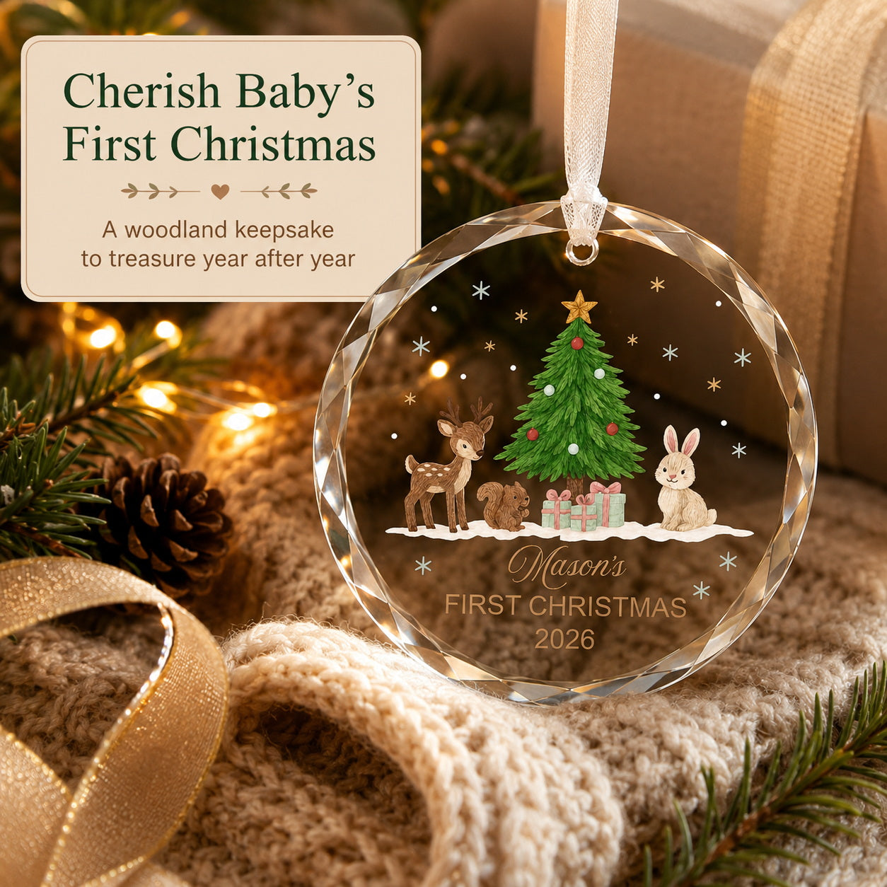 Personalized Mason's First Christmas Woodland Glass Ornament quality and keepsake detail view