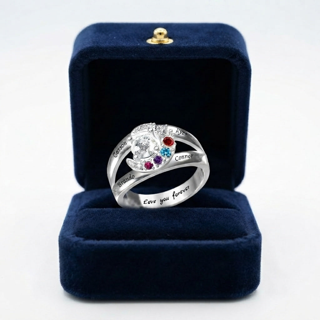 Custom family split band birthstone ring boxed jewelry view