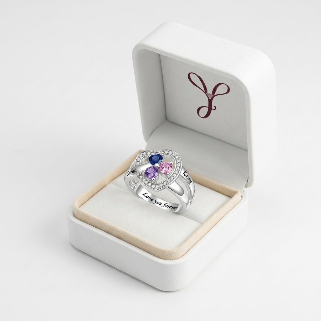 Custom winged heart birthstone name ring boxed jewelry view