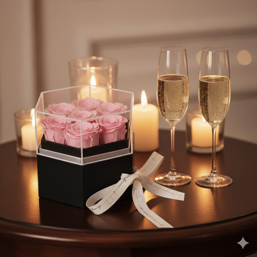 Pink Preserved Roses Lifestyle Shot; Romantic Candlelight Setting; Valentines Day Gift.
