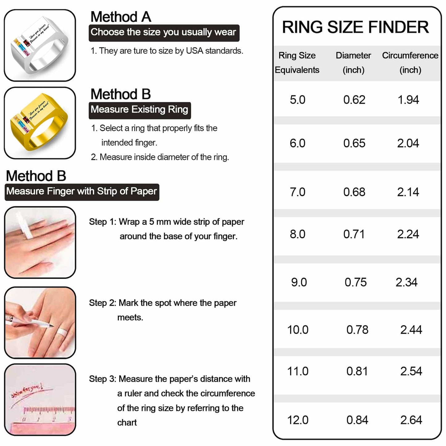 Ring size finder chart. Methods for measuring ring size using paper or existing ring.