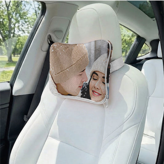 Couple photo memorial pillow used as a car headrest.