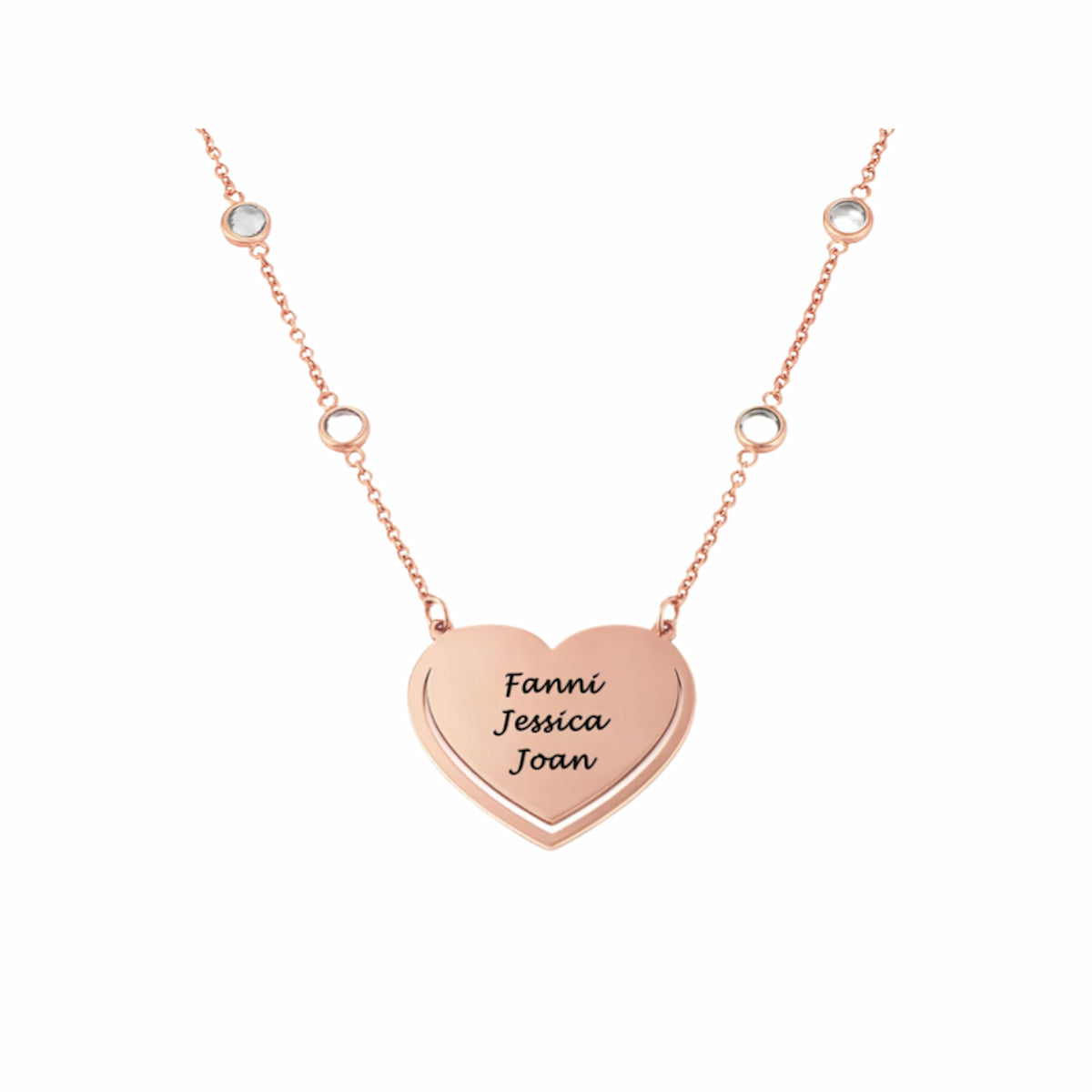 Rose gold floating name heart pendant necklace, custom engraved for loved ones.