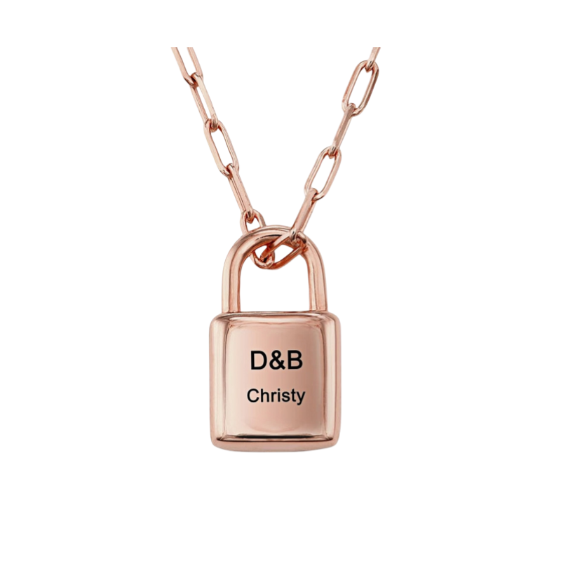 Rose gold personalized lock necklace on paperclip chain. Gift for her.