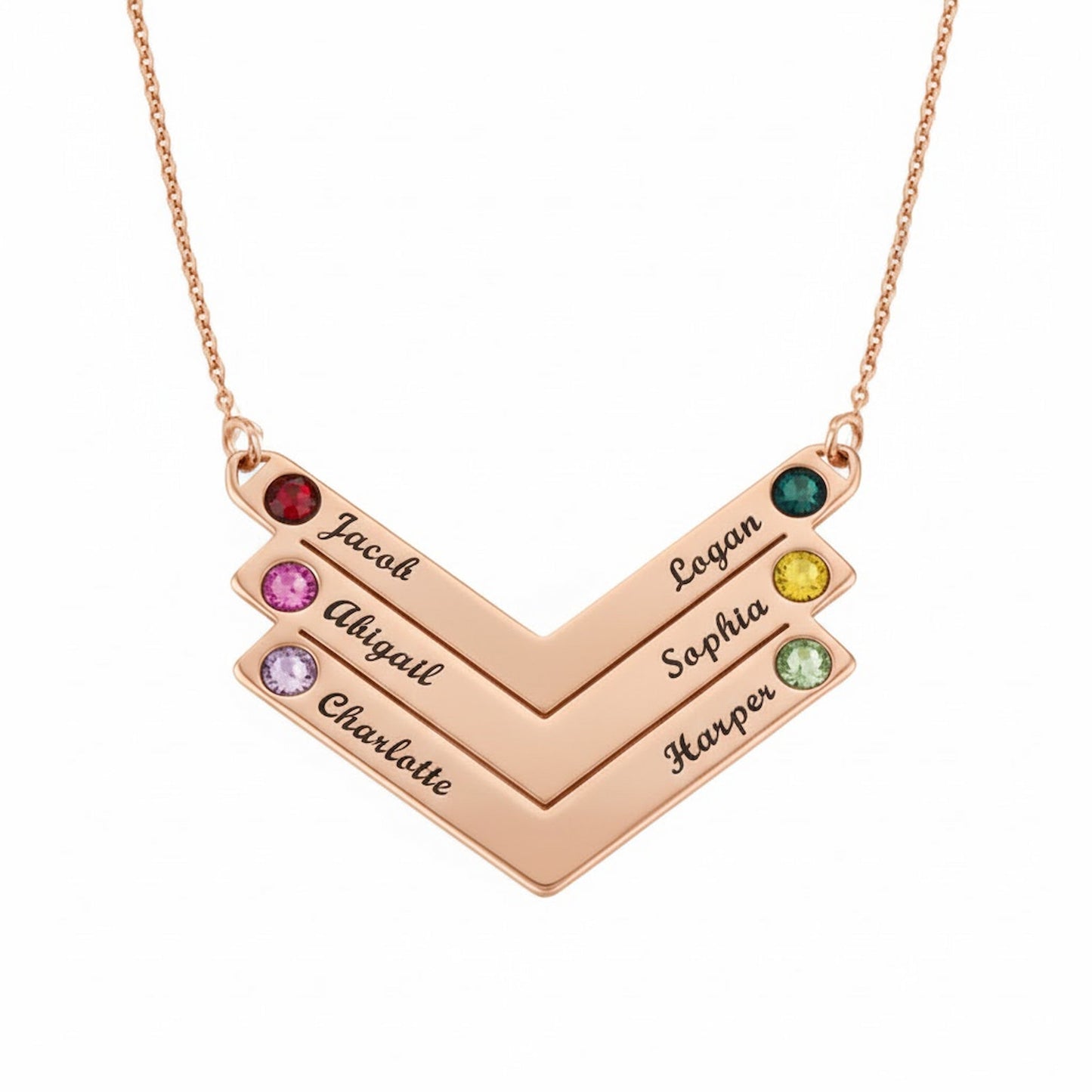 Personalized V-Shaped Family Birthstone Necklace with Custom Name Engravings
