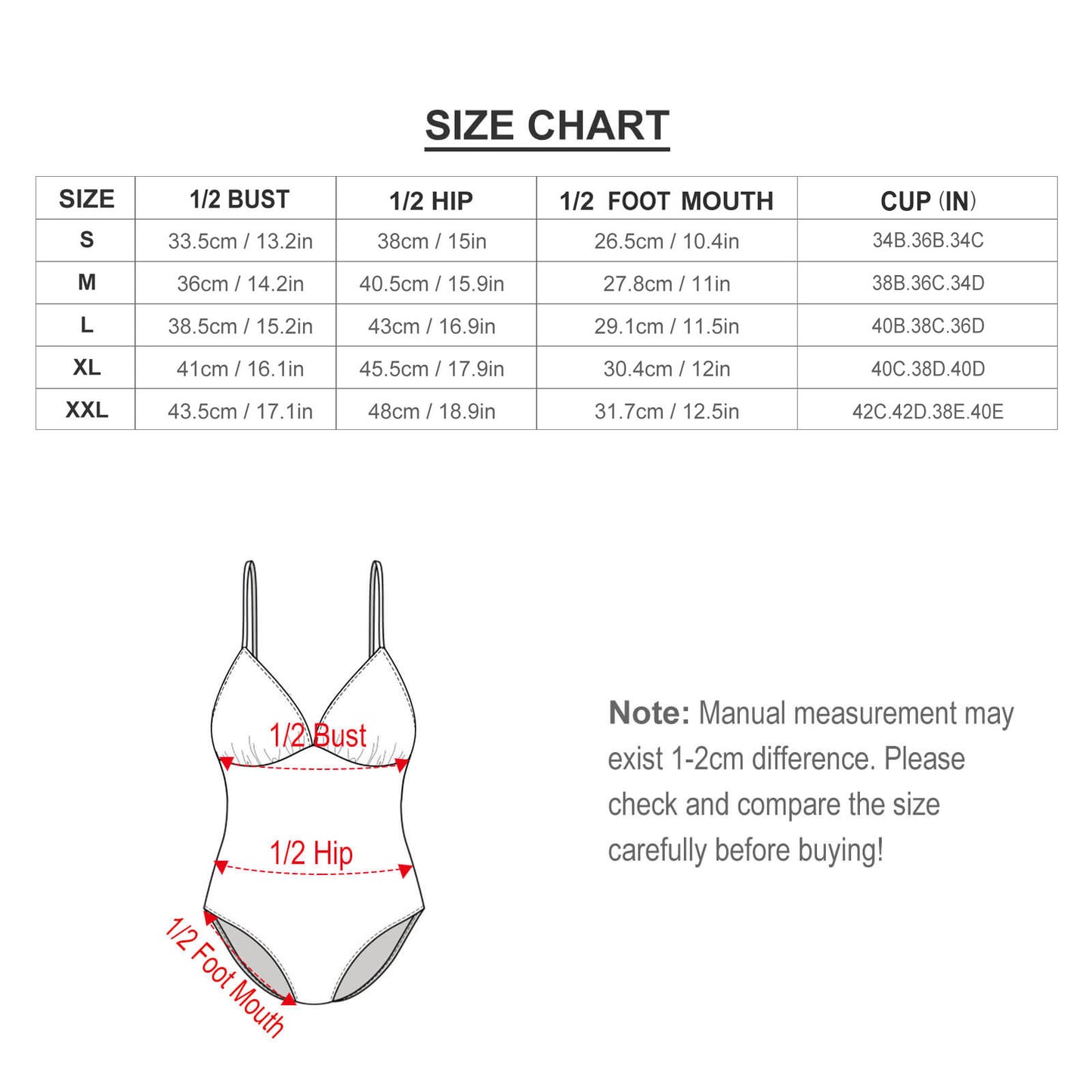Size chart showing half bust, hip, foot mouth, and cup measurements for the ruched V-neck monokini swimsuit.