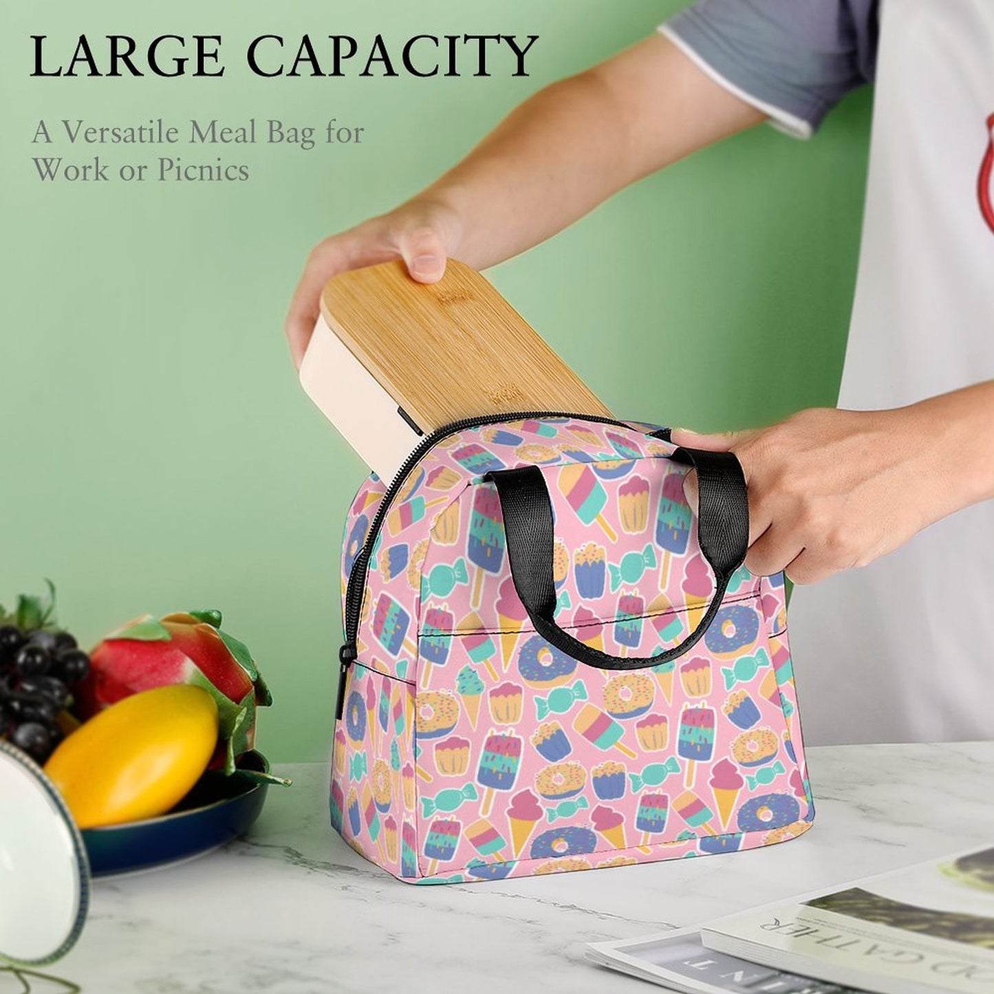 Large Capacity Versatile Meal Bag for Work or Picnics, inserting a bento box.