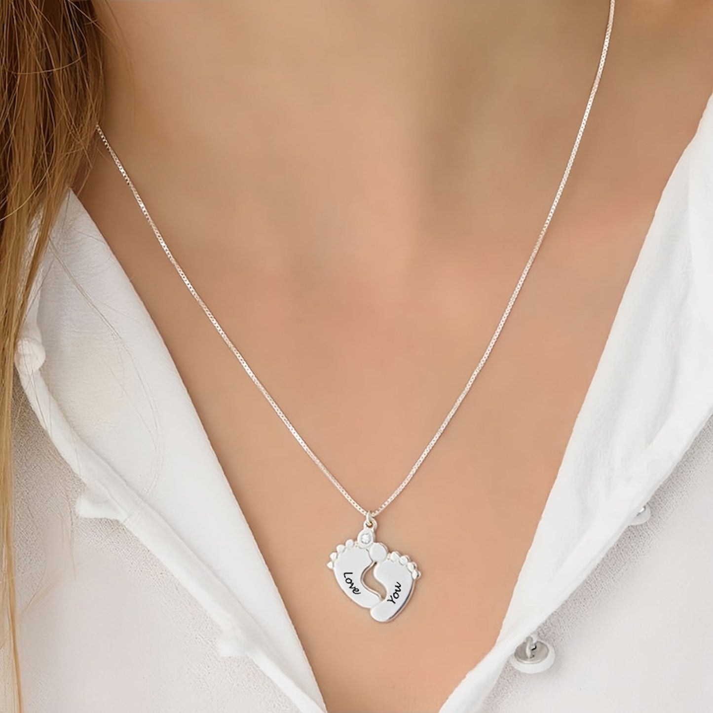 Rose gold personalized baby feet necklace. Engraved text, birthstone, new mom gift.