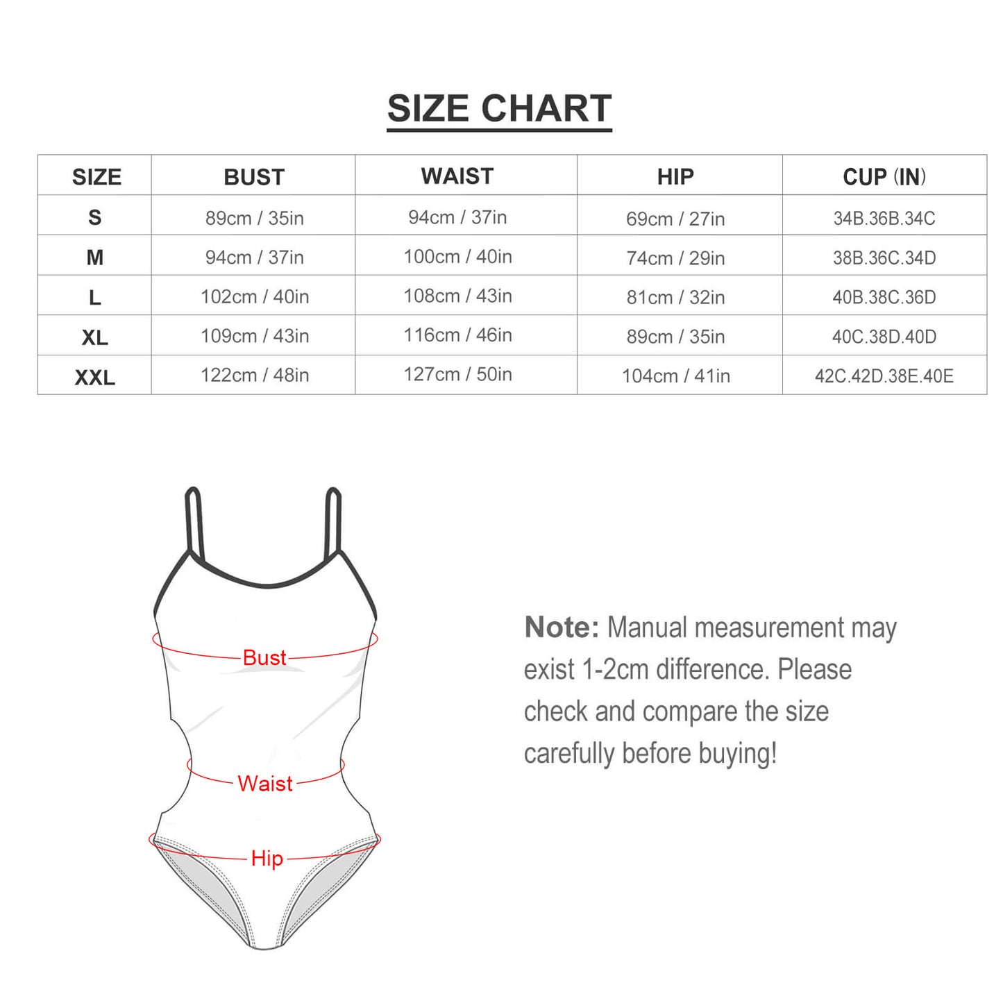 Women swimsuit size chart for bust, waist, hip, and cup measurements.