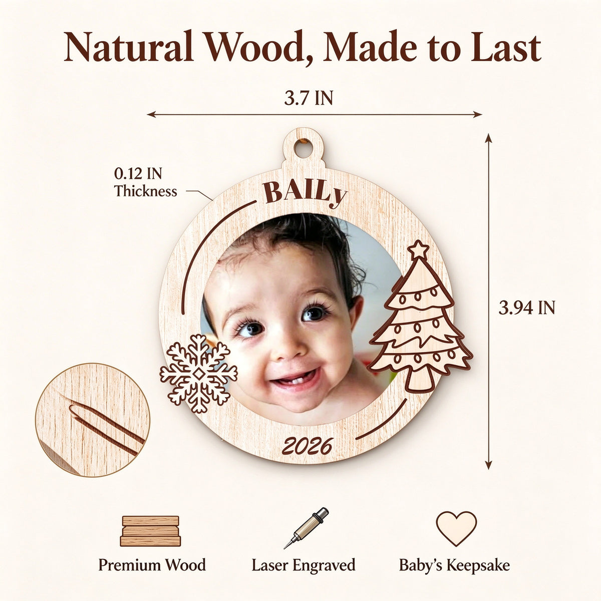 Personalized Baby Photo Wooden Christmas Ornament with Name and Year - Christmas tree or lifestyle scene