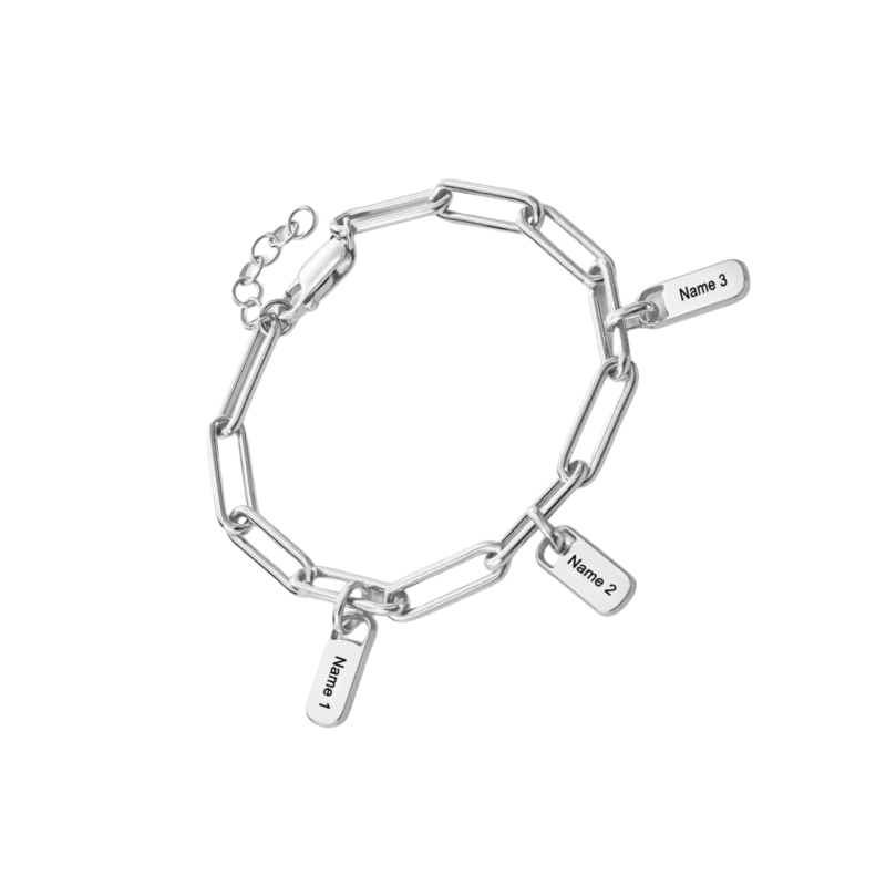 Personalized Paperclip Sterling Silver Link Chain Bracelet with Engraved Dangling Charms Custom Jewelry For Christmas Mother’s Day