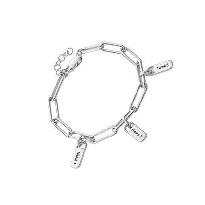 Personalized Paperclip Sterling Silver Link Chain Bracelet with Engraved Dangling Charms Custom Jewelry For Christmas Mother’s Day