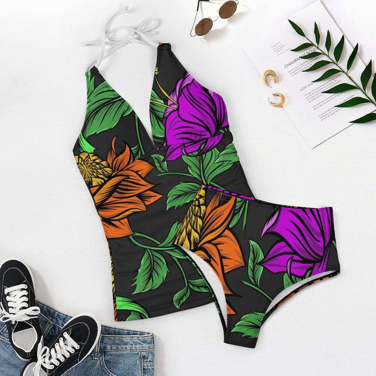 Custom Women Tummy Control Bathing Suit Slimming V Neck Two Piece Swimsuit Split Swimsuit