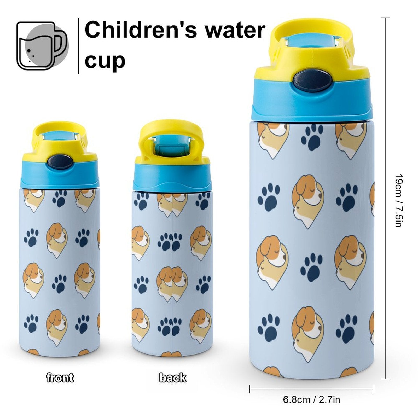Dimensions of 10oz kids autospout water bottle (19cm high).