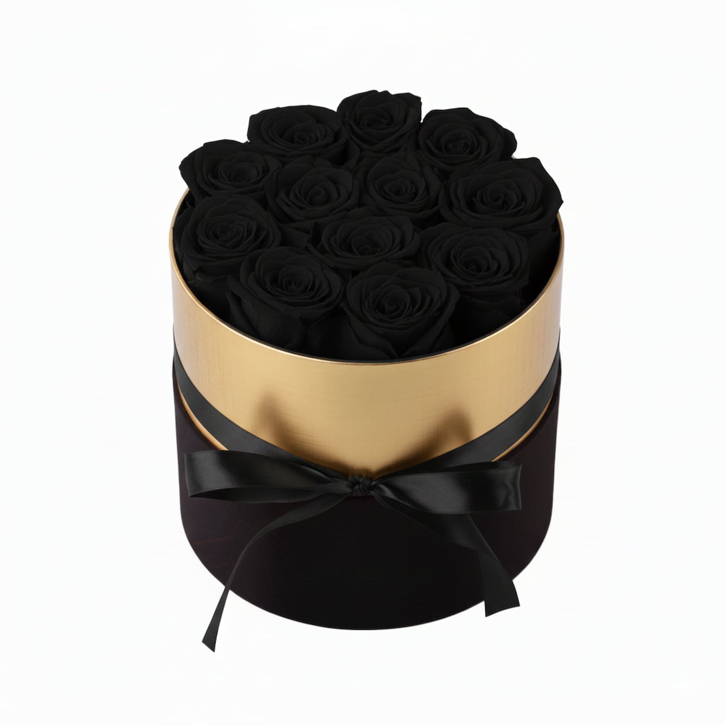 Design luxury 12 black preserved roses in a black and gold box. Long lasting romantic gift.