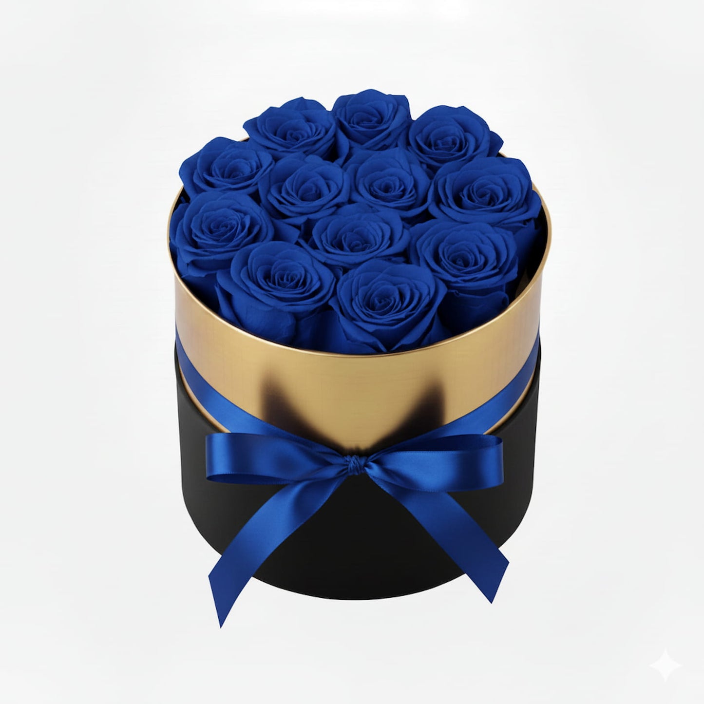 Design luxury 12 blue red preserved roses in a black and gold box. Long lasting romantic gift.