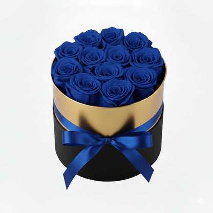 Design luxury 12 blue red preserved roses in a black and gold box. Long lasting romantic gift.