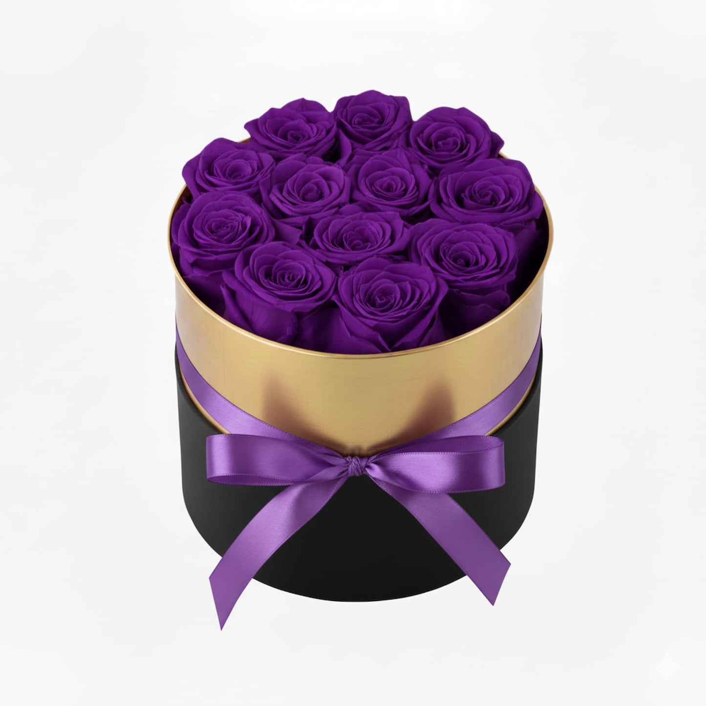 Design luxury 12  purple preserved roses in a black and gold box. Long lasting romantic gift.