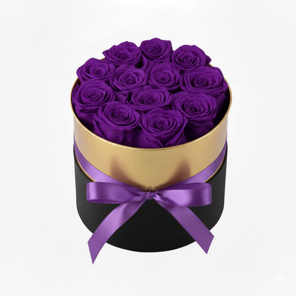 Design luxury 12  purple preserved roses in a black and gold box. Long lasting romantic gift.