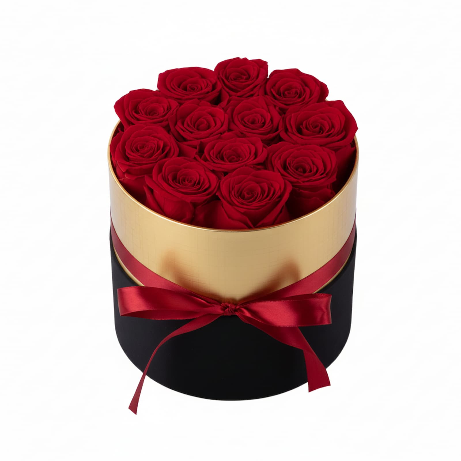 Design luxury 12 red preserved roses in a black and gold box. Long lasting romantic gift.