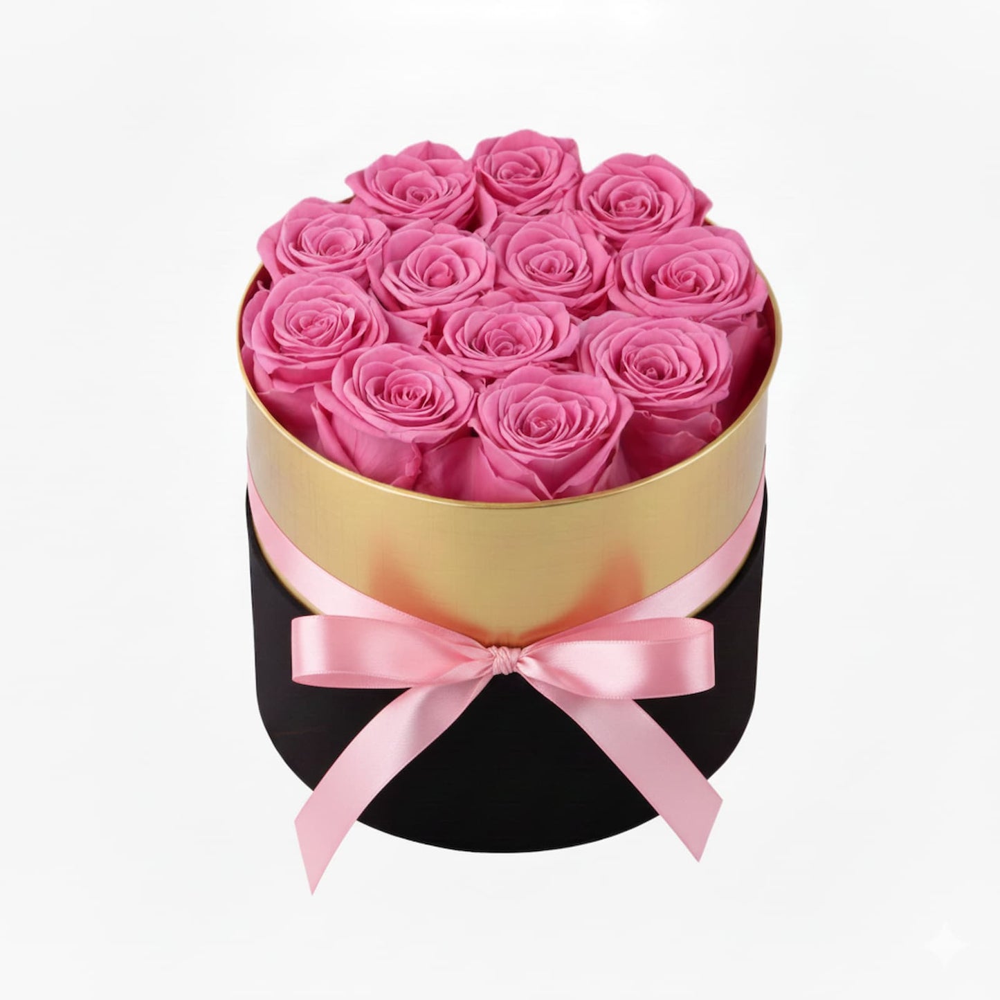 Design luxury 12 pink preserved roses in a black and gold box. Long lasting romantic gift.