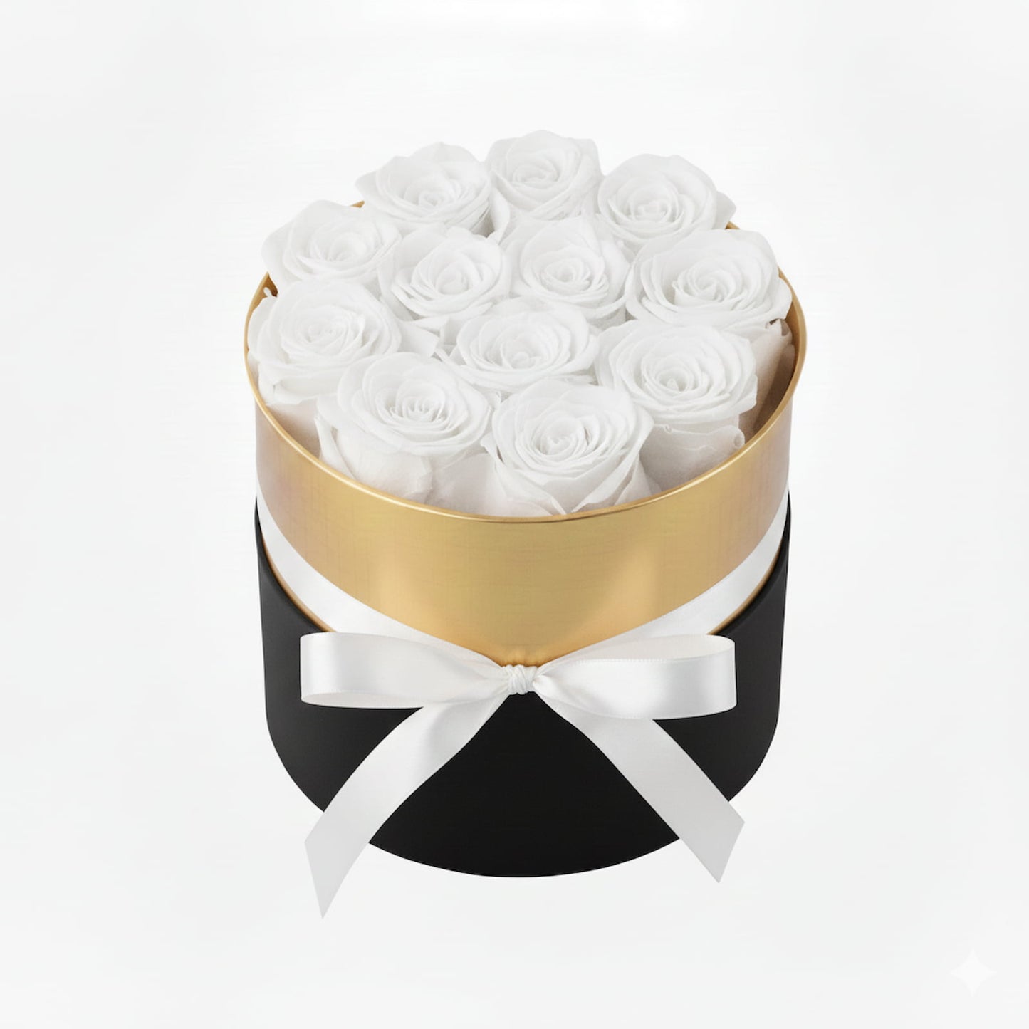Design luxury 12 white preserved roses in a black and gold box. Long lasting romantic gift.