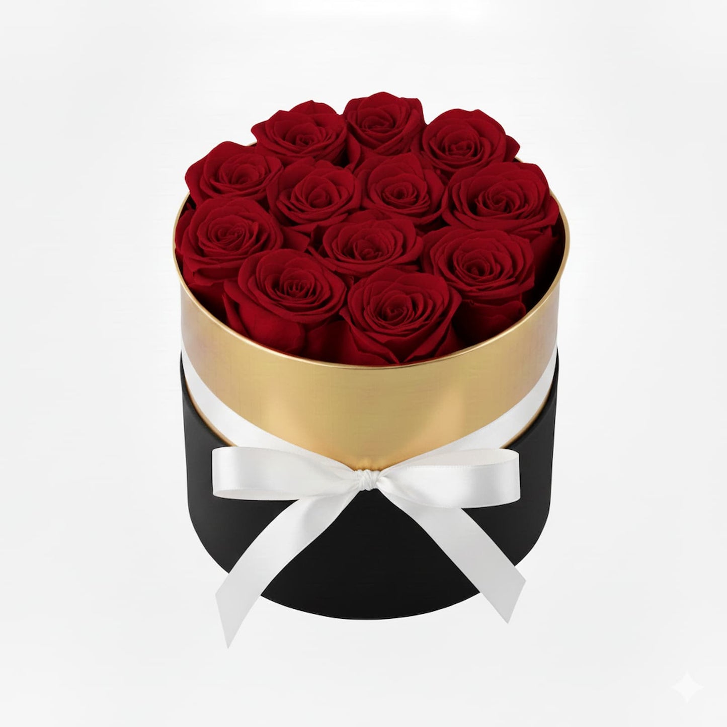 Design luxury 7 wine red preserved roses in a black and gold box. Long lasting romantic gift.