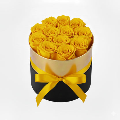 Design luxury 12 yellow preserved roses in a black and gold box. Long lasting romantic gift.