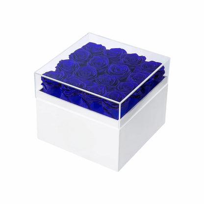 16 blue preserved roses in a box; ideal Valentines Day gift for her, wife, or mom.