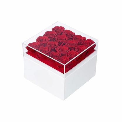 16 Red preserved roses in a box; ideal Valentines Day gift for her, wife, or mom.