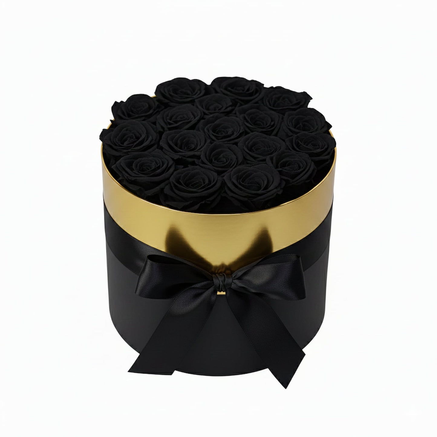 Design luxury 18 black preserved roses in a black and gold box. Long lasting romantic gift.