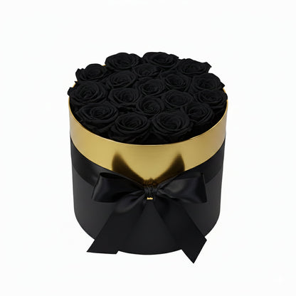 Design luxury 18 black preserved roses in a black and gold box. Long lasting romantic gift.
