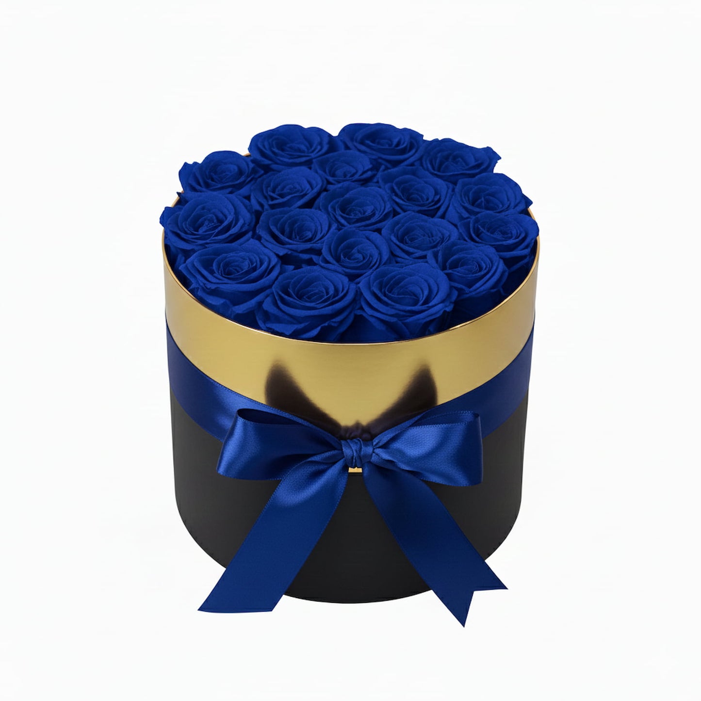 Design luxury 18 blue red preserved roses in a black and gold box. Long lasting romantic gift.