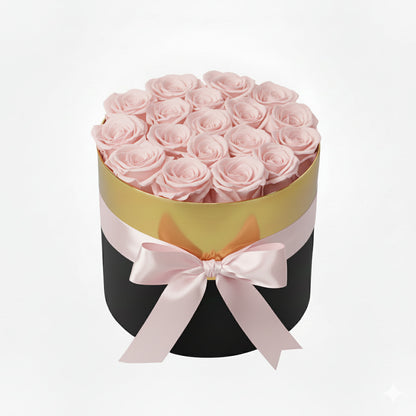 Design luxury 18 pink preserved roses in a black and gold box. Long lasting romantic gift.