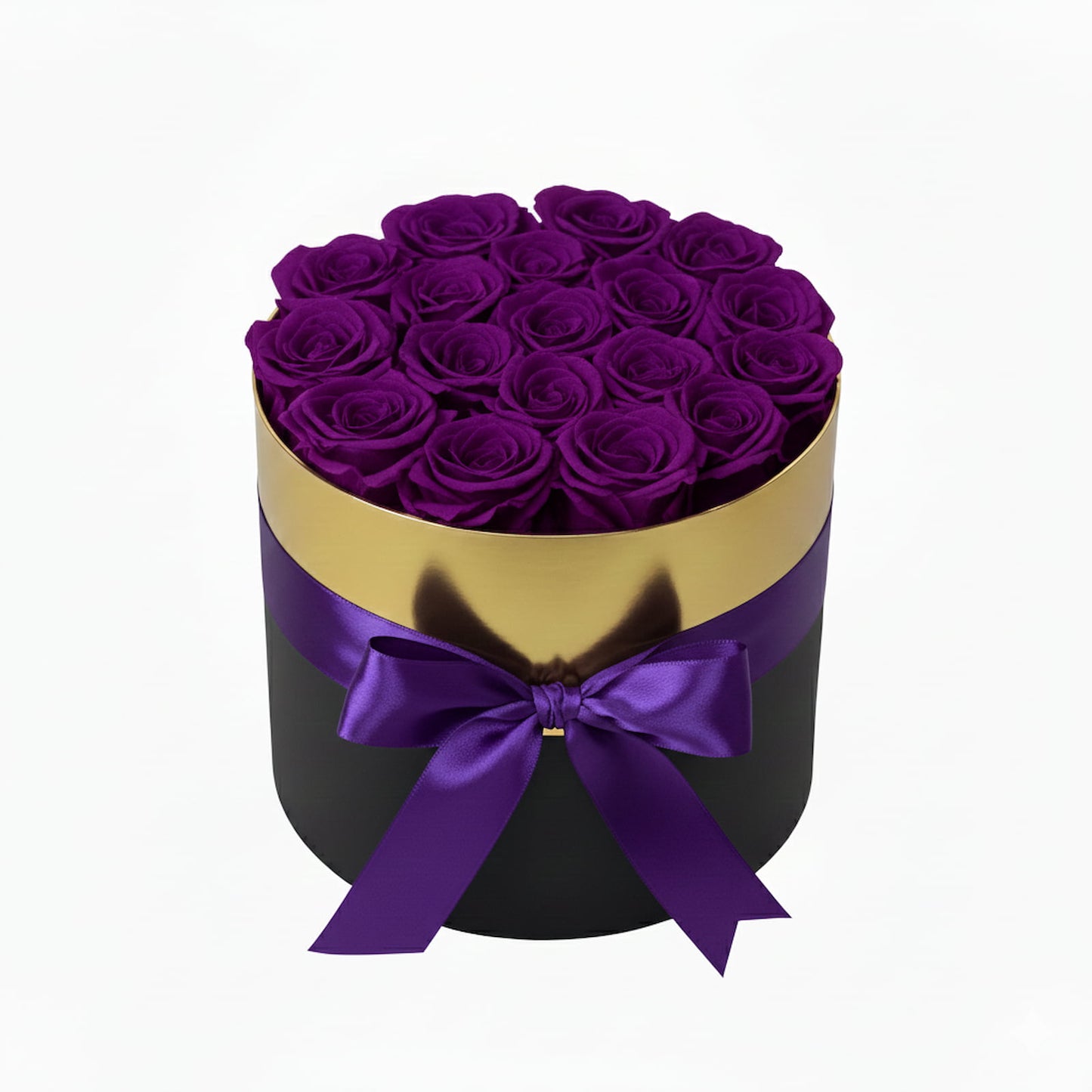 Design luxury 18 purple preserved roses in a black and gold box. Long lasting romantic gift.