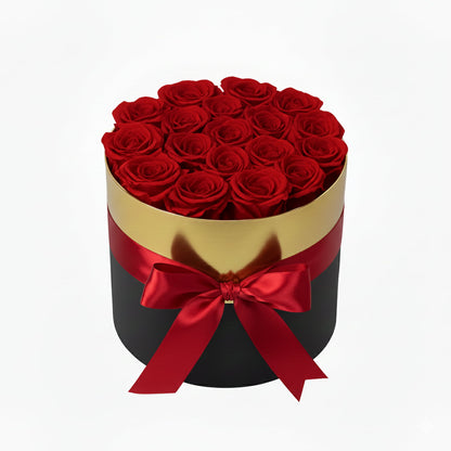Design luxury 18 red preserved roses in a black and gold box. Long lasting romantic gift.