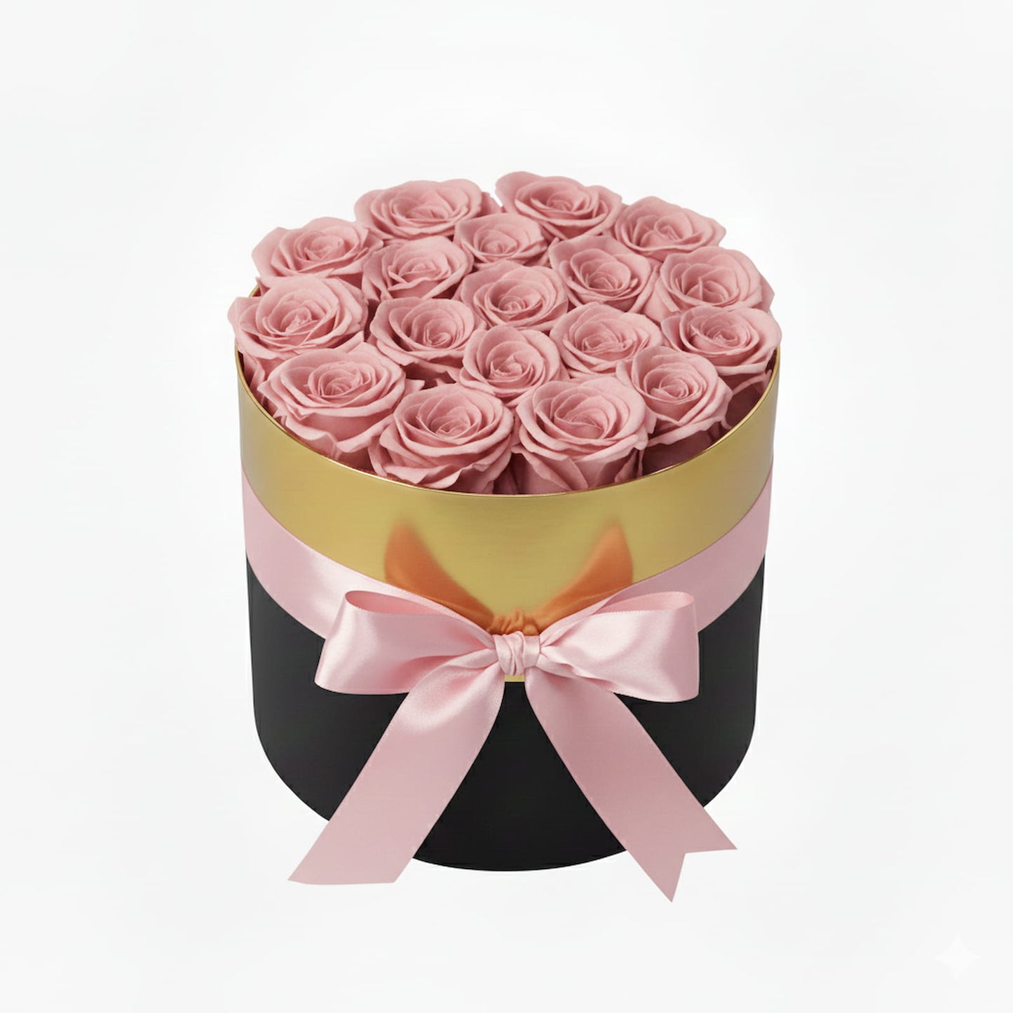 Design luxury 18 pink preserved roses in a black and gold box. Long lasting romantic gift.