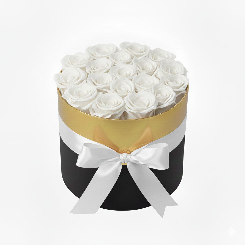 Design luxury 18 white preserved roses in a black and gold box. Long lasting romantic gift.