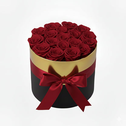 Design luxury 18 wine red preserved roses in a black and gold box. Long lasting romantic gift.