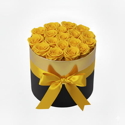 Design luxury 18 yellow preserved roses in a black and gold box. Long lasting romantic gift.