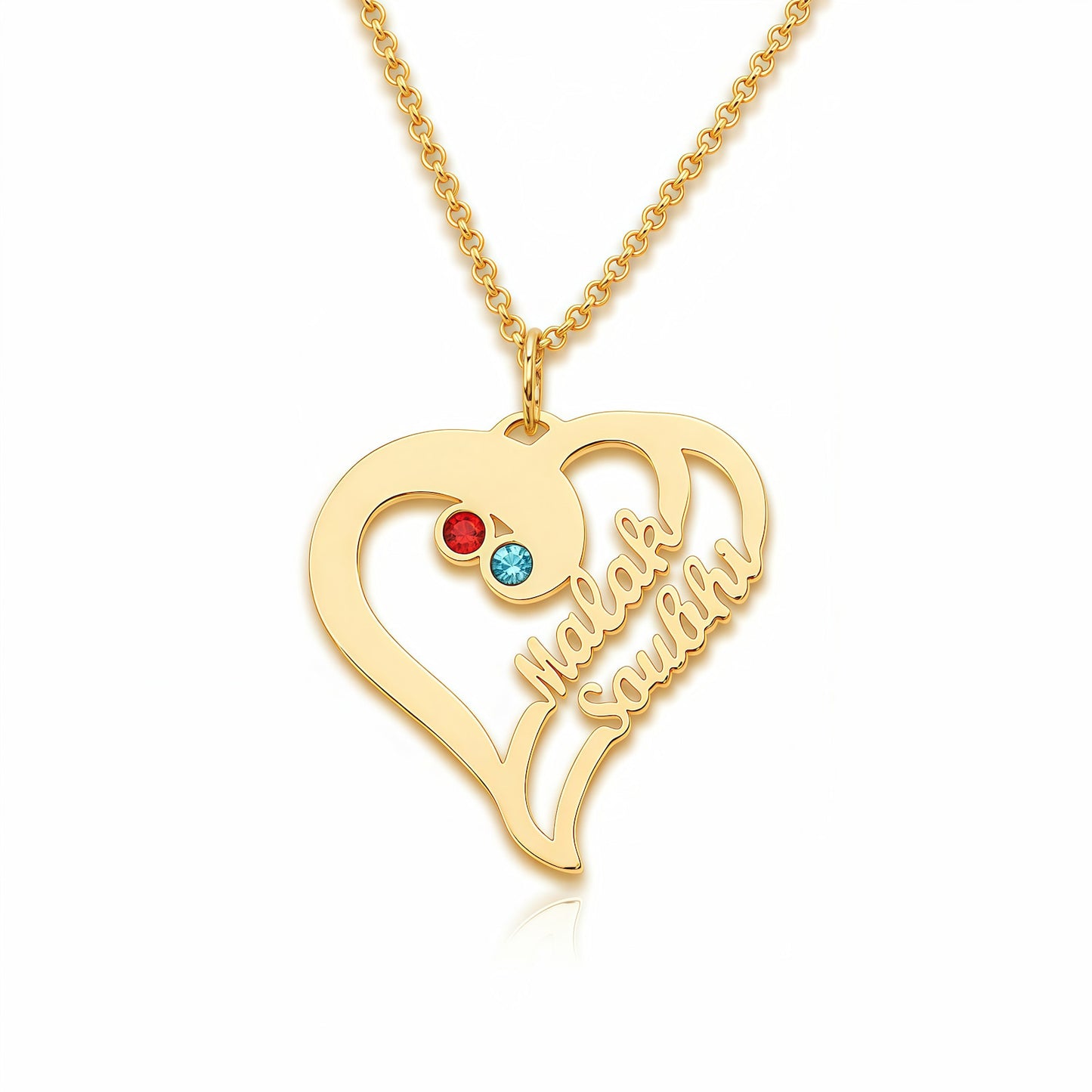18K gold plated custom two name necklace with birthstones for her.