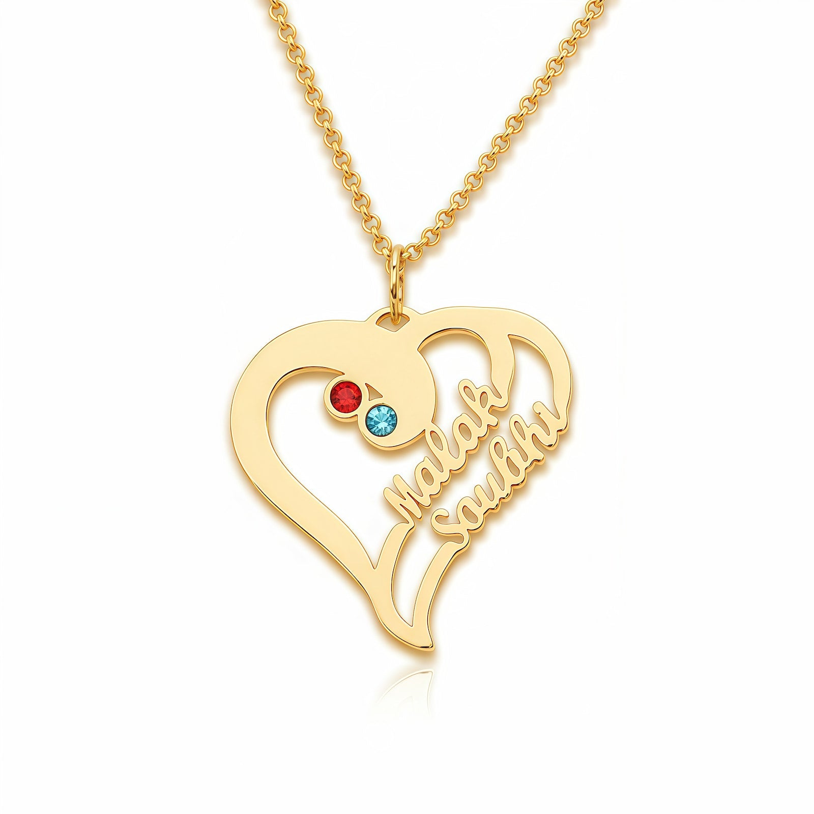 18K gold plated custom two name necklace with birthstones for her.