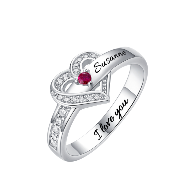 Customizable Heart-Shaped Birthstone Ring with Engraved Names - Personalized Jewelry Gift