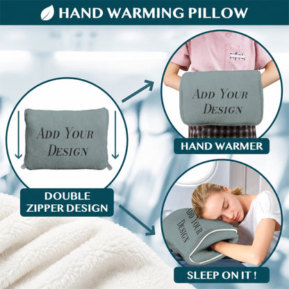 Branded hand-warmer pillow with double zipper design.