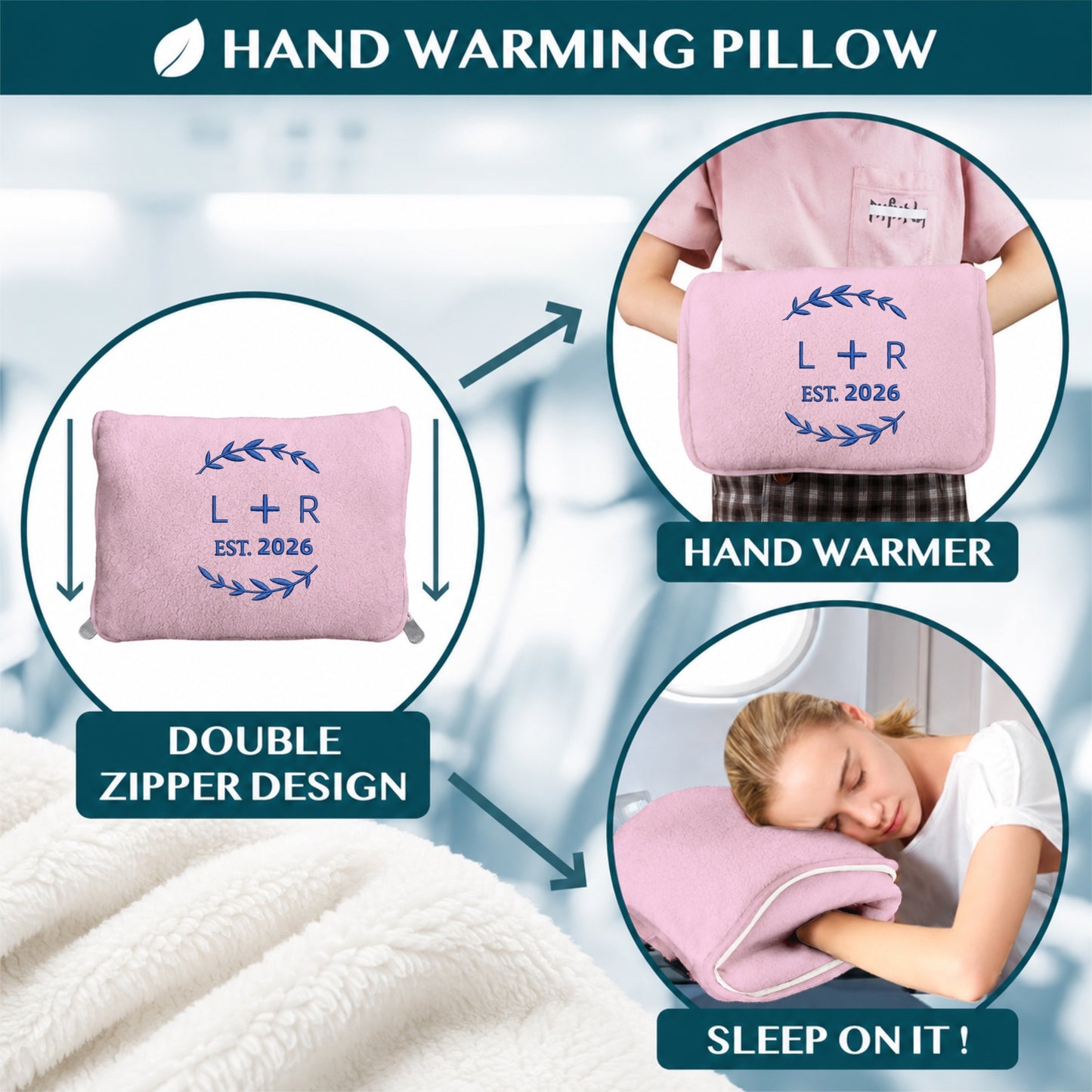Beige pillow used as hand warmer and sleep cushion.