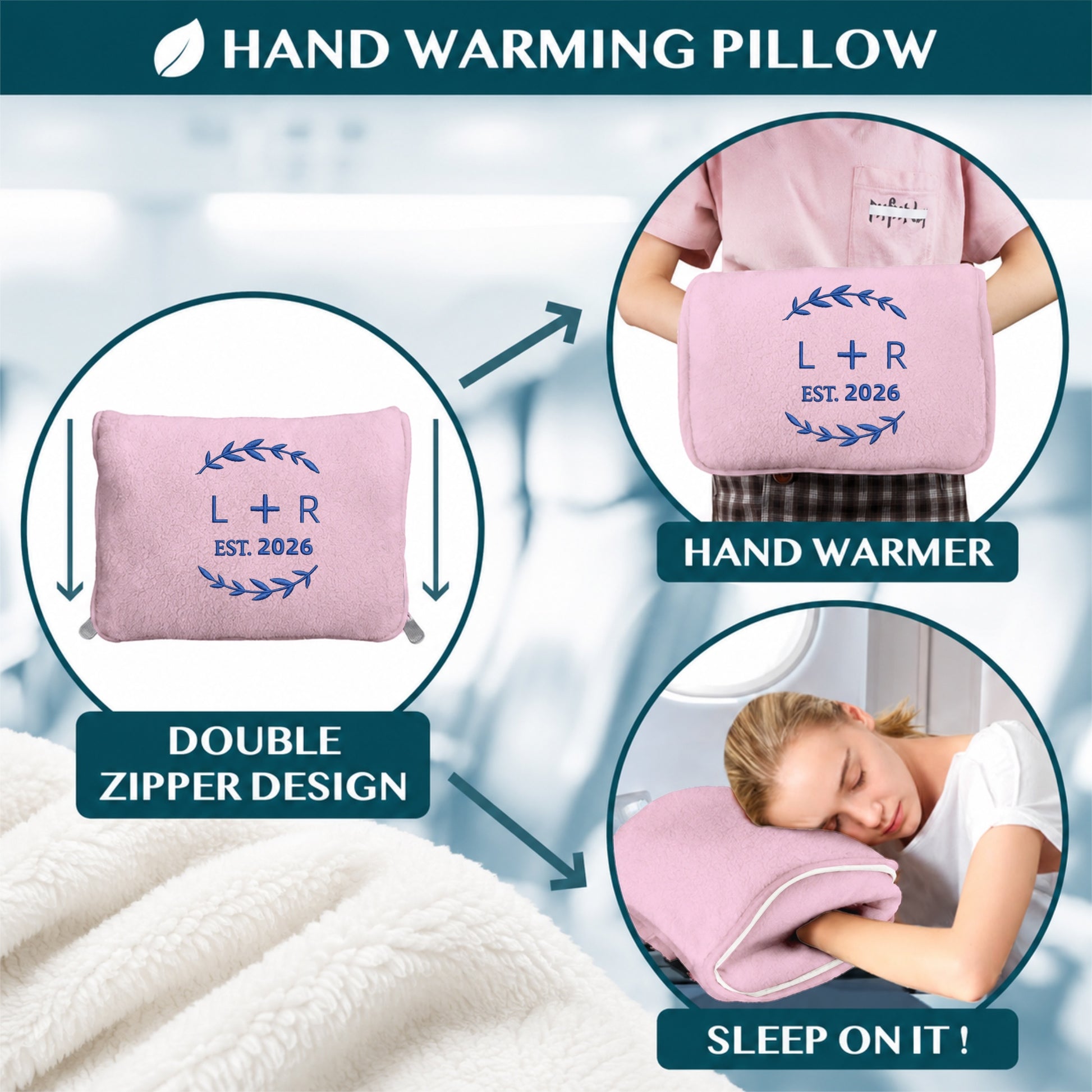 Beige pillow used as hand warmer and sleep cushion.
