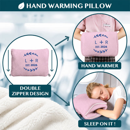 Beige pillow used as hand warmer and sleep cushion.
